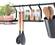 Kitchen Wall Organiser, Metal Hanging Storage with 2 Hooks, Small Shelf, Kitchen Utensil Holder and Spice Rack, Matte Black, 63.8 x 14.5 x 23.8 cm