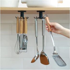 Utensil Holder Hook, Self Adhesive Kitchen Hanger Storage Oganiser Hook Under Cabinet Rotatable Hooks Holder for Utensil, Towel, Spoon, Ladle with 6 Hooks (White)