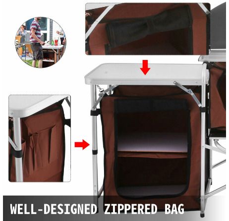 Brown Camping Outdoor Kitchen Table Cabinet Foldable Folding Cooking Storage Rack for BBQ Picnic X-Shaped Aluminum Alloy Bracket