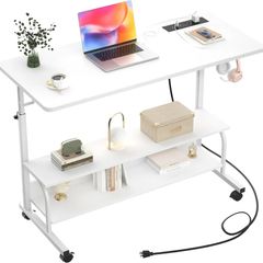 Mobile Standing Desk with Integrated UK Power Outlets & USB Ports, Height Adjustable (70-104cm) C-Shaped Rolling Laptop Table on Wheels for Home Office, Bedside, and Sofa, White