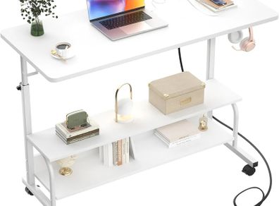Mobile Standing Desk with Integrated UK Power Outlets & USB Ports, Height Adjustable (70-104cm) C-Shaped Rolling Laptop Table on Wheels for Home Office, Bedside, and Sofa, White
