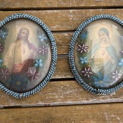 Vintage pair of domed glass with bead frame's religious elements x2 c1900