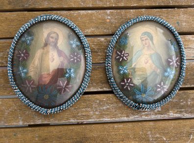 Vintage pair of domed glass with bead frame's religious elements x2 c1900