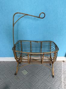 Vintage 1960s Rattan Crib Cradle on Castors with Canopy Arm
