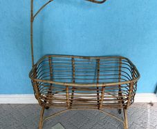 Vintage 1960s Rattan Crib Cradle on Castors with Canopy Arm