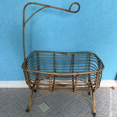 Vintage 1960s Rattan Crib Cradle on Castors with Canopy Arm