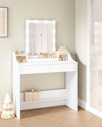 90cm Dressing Table with LED Lighting, Adjustable Brightness, Dressing Table with Mirror, with 2 Drawers and 2 Open Compartments, Modern, White