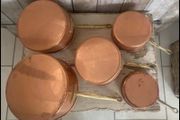 vintage copper pots with brass handles set of 5