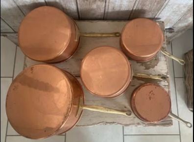 vintage copper pots with brass handles set of 5