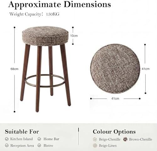 Set of 2 Chenille Bar Stools, 68cm Counter Height Upholstered Kitchen Bar Chairs with Solid Wood Legs