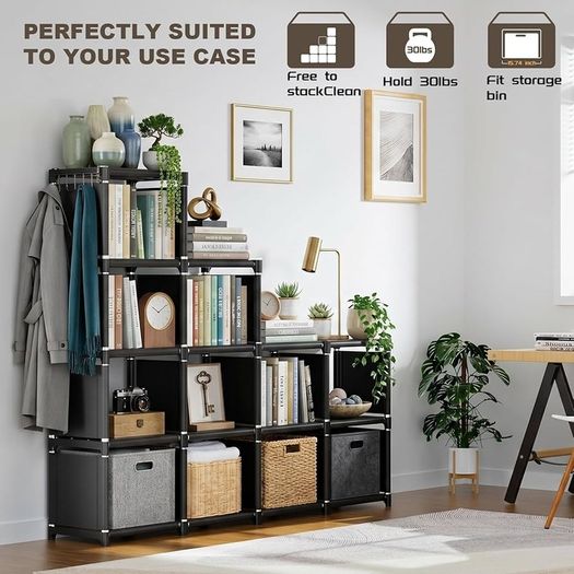12 Cube Storage Unit Book shelf,DIY Bookcase, Multi-Use Open Storage Shelves for Bedroom, Living Room,Office,Closet, Black Cubicle Rack