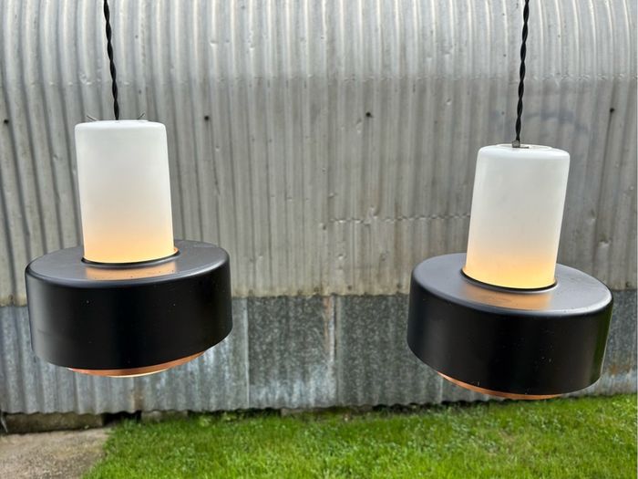 Rare vintage run of 2 Danish suspended pendant lights by Fog & Morup.