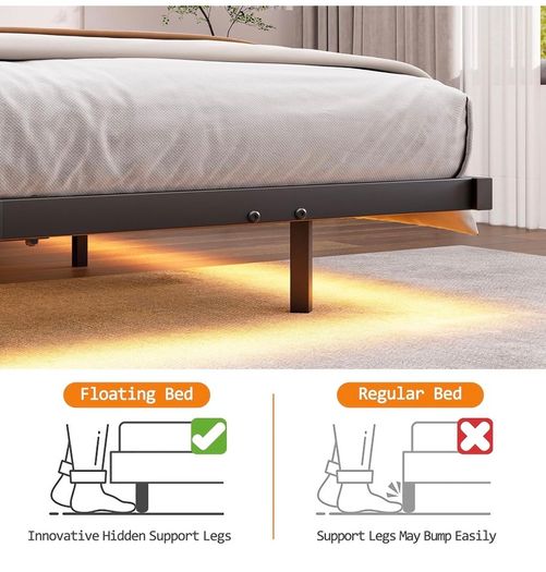 4ft6 Upholstered Floating Double Bed Frame Black, Storage Headboard Metal Bed Frame with LED Lights and Charging Station, Heavy Duty Metal Slat Support, Noise Free, No Box Spring Needed