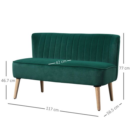 Sofa Retro Design 2-Seater Sofa, Wood Legs, 117 cm x 56.5 cm x 77 cm, Dark Green