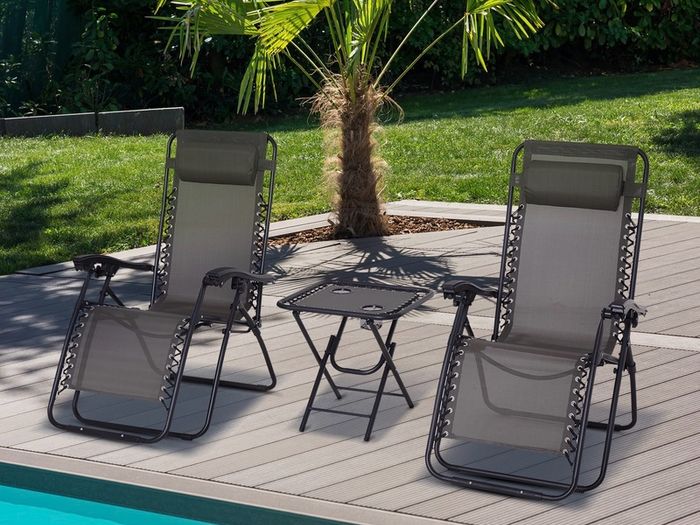 3pcs Folding Zero Gravity Chairs Sun Lounger Table Set w/ Cup Holders Reclining Garden Yard Pool, Dark Grey