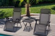 3pcs Folding Zero Gravity Chairs Sun Lounger Table Set w/ Cup Holders Reclining Garden Yard Pool, Dark Grey