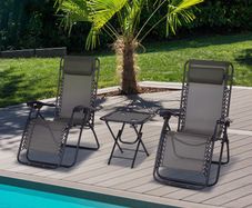 3pcs Folding Zero Gravity Chairs Sun Lounger Table Set w/ Cup Holders Reclining Garden Yard Pool, Dark Grey