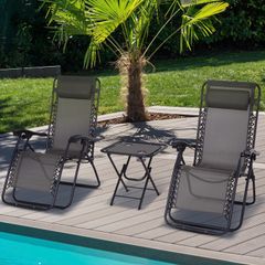 3pcs Folding Zero Gravity Chairs Sun Lounger Table Set w/ Cup Holders Reclining Garden Yard Pool, Dark Grey