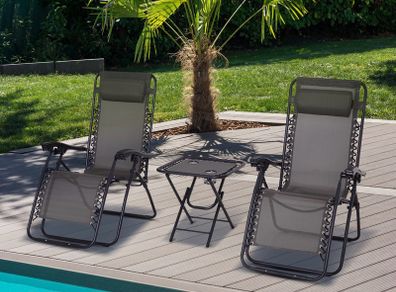 3pcs Folding Zero Gravity Chairs Sun Lounger Table Set w/ Cup Holders Reclining Garden Yard Pool, Dark Grey
