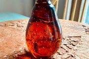 Large Vintage Amber Art Glass Pear Paperweight Hand Blown Bubble Glass Autumn Decor