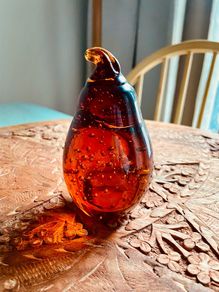 Large Vintage Amber Art Glass Pear Paperweight Hand Blown Bubble Glass Autumn Decor