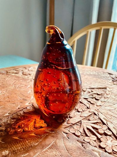 Large Vintage Amber Art Glass Pear Paperweight Hand Blown Bubble Glass Autumn Decor