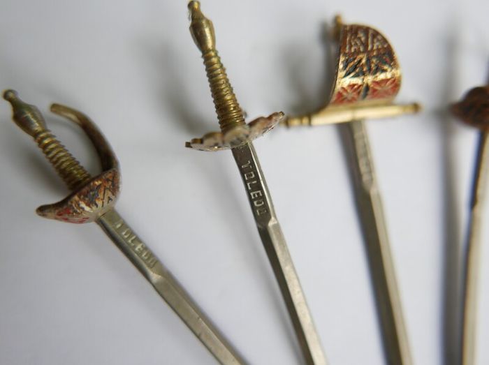 Vintage Set of 6 Enameled Cocktail Sticks Swords By Toledo of Spain 1960s