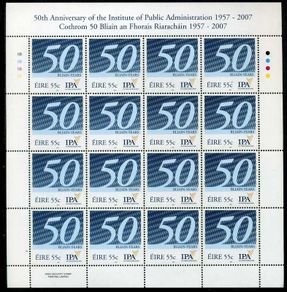 2007 Ireland 50th Anniversary of the IPA Institute of Public Administration Commemorative Stamp Sheetlet Plate 1B1B1B1B Mint Never Hinged (MNH)