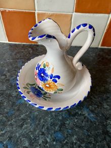Small Handmade Hand Painted Pottery Bowl & Jug