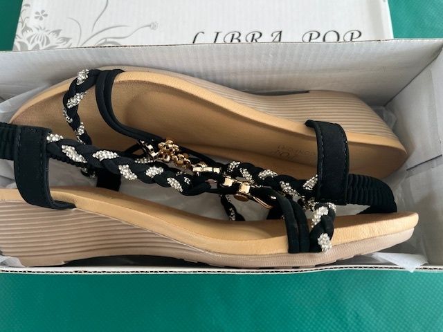 SANDALS. Libra Pop brand- Embellished With Black, Gold & Silver charms. Ultra Comfortable. Size Uk 6 Eu 39 Purchased In Toulouse. Brand New In Box.