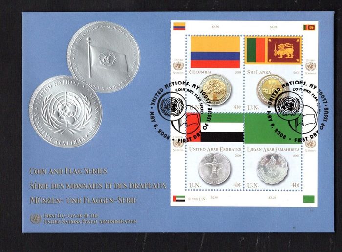2008 United Nations (New York) Coins & Flags (Colombia and Colombian peso, Sri Lanka and Sri Lankan rupiah, United Arab Emirates and Dirham & Libya and Libyan dinar) Commemorative Stamps First Day Cover (FDC)
