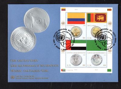 2008 United Nations (New York) Coins & Flags (Colombia and Colombian peso, Sri Lanka and Sri Lankan rupiah, United Arab Emirates and Dirham & Libya and Libyan dinar) Commemorative Stamps First Day Cover (FDC)