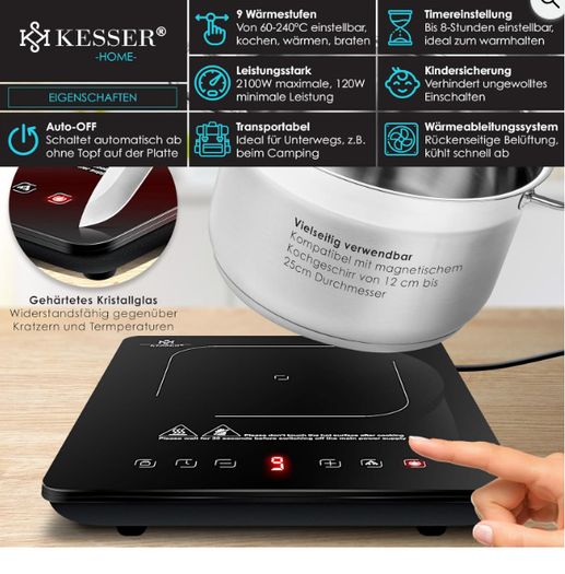 KESSER induction Hob Induction Hob 1 Plate 2100W Portable 28cm + 3x Microfibre Cloth + 1x Recipe Book