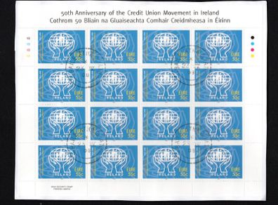 2008 Ireland 50th Anniversary of the Credit Union Movement in Ireland Stamp Sheetlet Plate 1B1B1B1B Fine CDS Used with Dublin cancel of 23rd April 2008 (First day of issue)