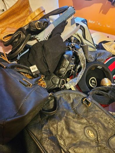 Large Job Lot of Ladies and Mens Clothes Shoes Hats Bags Handbags