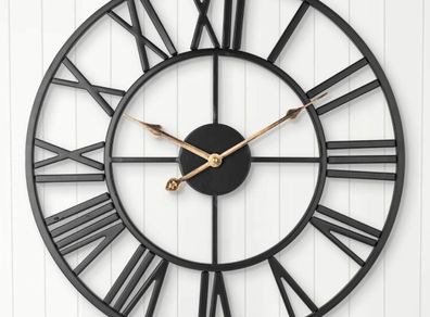 European Farmhouse Vintage Clock with Roman Numerals, 40cm Non-Ticking Battery Operated Metal Skeleton Decorative Clock for Home Kitchen Cafe Hotel Office Decor(Black)