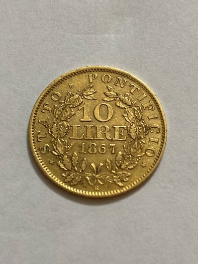 Vatican 1867 10 Lire Gold Coin Papal State  Pius IX Rare