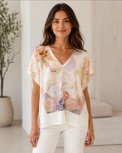 Mango Basics Pastel Floral V Neck Top Size S