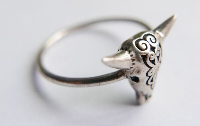 Vintage 925 Sterling Silver BULL SKULL with Horn Ring