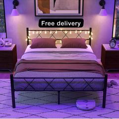 King Size Bed Frame with Headboard & lights