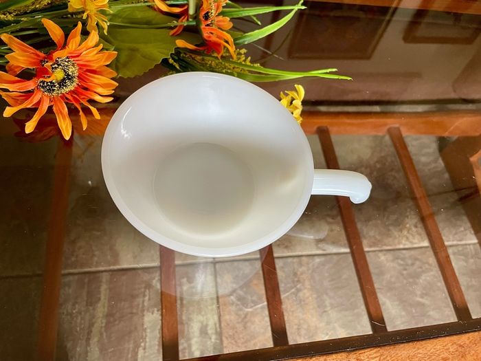 Vintage Mid Century Anchor Hocking Fire King Ovenproof Milk Glass Bowl with Handle 1960 1970s