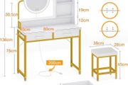 Dressing Table Set, with height adjustable mirror for 120by180 cm, LED Lights with Adjustable Brightness, Vanity Table with stool, 2 fabric Drawers and 4 Open Compartments, 80by40by136cm, White+Gold