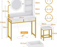 Dressing Table Set, with height adjustable mirror for 120by180 cm, LED Lights with Adjustable Brightness, Vanity Table with stool, 2 fabric Drawers and 4 Open Compartments, 80by40by136cm, White+Gold