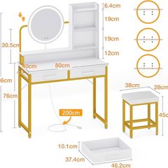 Dressing Table Set, with height adjustable mirror for 120by180 cm, LED Lights with Adjustable Brightness, Vanity Table with stool, 2 fabric Drawers and 4 Open Compartments, 80by40by136cm, White+Gold