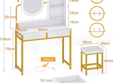Dressing Table Set, with height adjustable mirror for 120by180 cm, LED Lights with Adjustable Brightness, Vanity Table with stool, 2 fabric Drawers and 4 Open Compartments, 80by40by136cm, White+Gold
