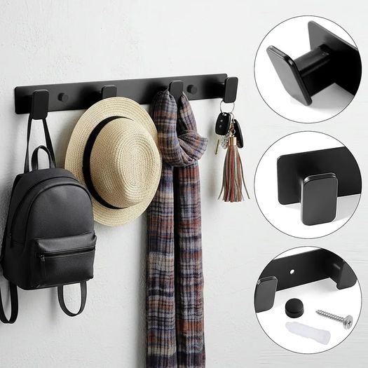 2 Pack Coat Hooks Wall Mounted, Black Coat Rack with 4 Hooks Heavy Duty Towel Hook Wall Hooks Organizer for Hanging Towels, Clothes, Bags, Hat