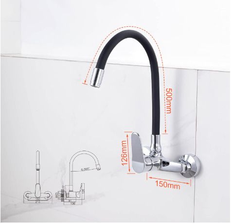 Ibergrif Wall Mounted Kitchen Tap Single Lever Mixer Tap 360 Rotation Sink tap with Adjustable Mounting Hole