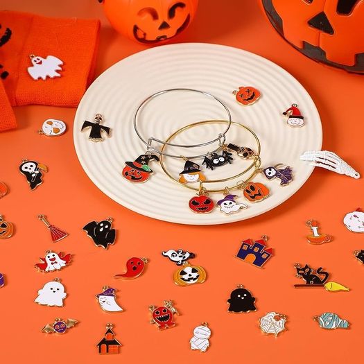 110Pcs Halloween Charms Gold Enamel Jewelry Making Charms for Halloween Bracelet Necklace Making and Decoration