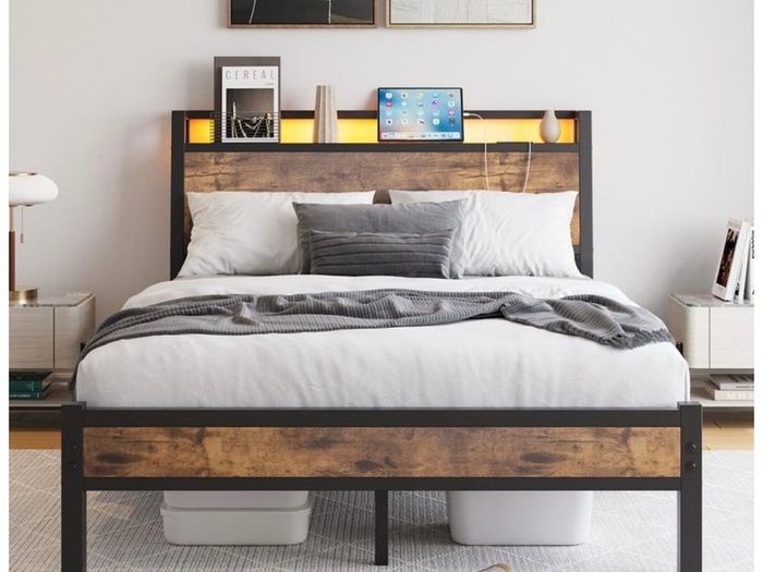 Double Bed Frame 135 x 190 cm with Wooden Storage Headboard, Black Charging Station, LED Lights, Heavy Duty Metal Slats, Under Bed Storage,No Box Spring Needed,Easy Assembly