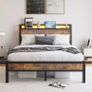 Double Bed Frame 135 x 190 cm with Wooden Storage Headboard, Black Charging Station, LED Lights, Heavy Duty Metal Slats, Under Bed Storage,No Box Spring Needed,Easy Assembly Image 7